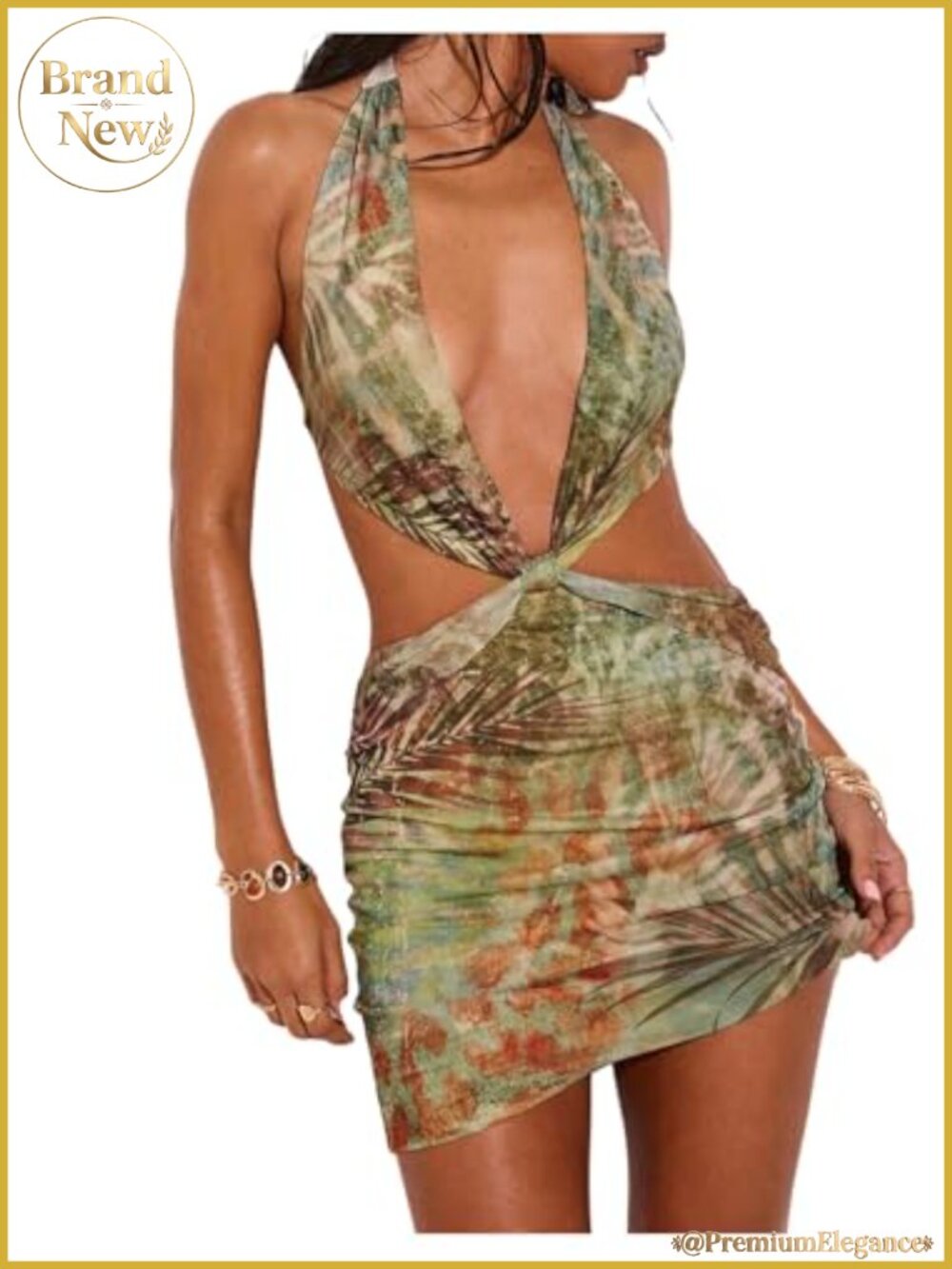 WDIRARA Women's Tropical Halter Cut Out Backless Bodycon Mini Dress